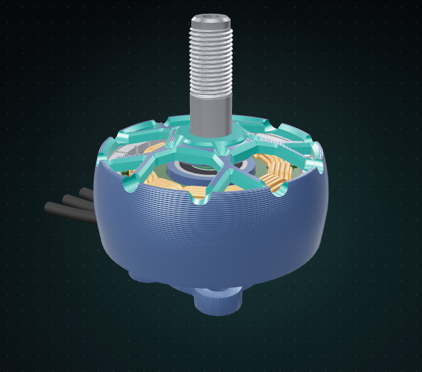 3D model of the iFlight XING2 2207: a brushless outrunner motor with its bell, threaded shaft and base plate.